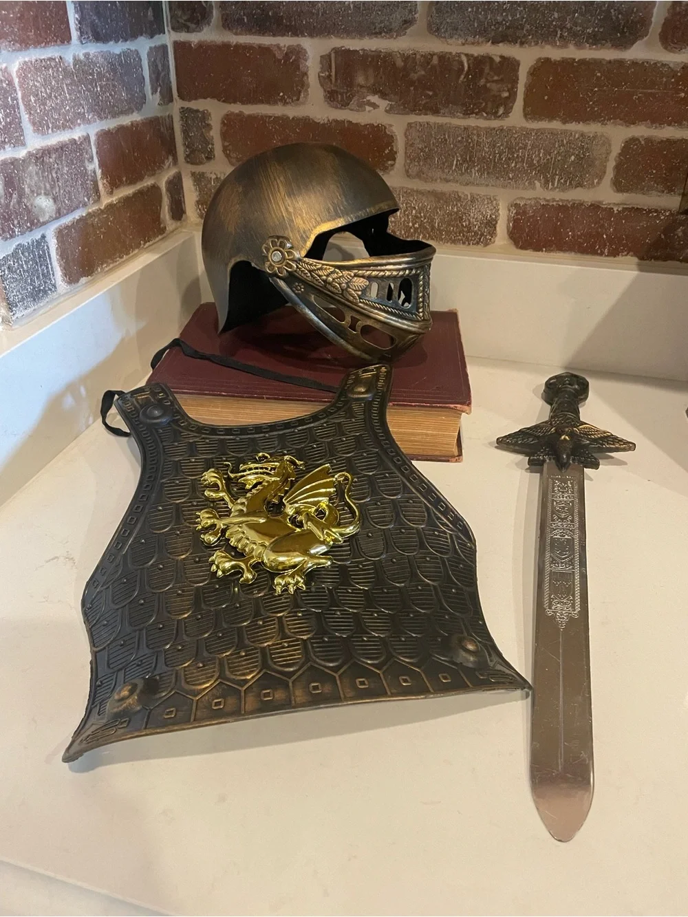 Kids Halloween Bronze Chest Armor with Gold Crest and Matching Helmet